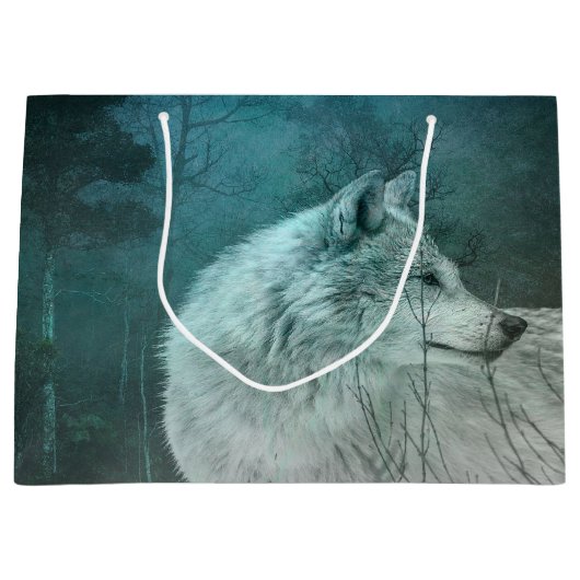 暗い森の中の美しい灰色の狼 ラージペーパーバッグ (正面)