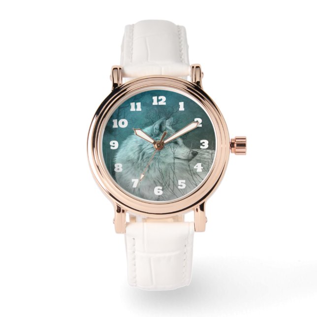 暗い森の中の美しい灰色の狼 腕時計 (正面)