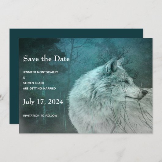 暗い森の中の美しい灰色の結婚狼 セーブザデート (正面/裏面)
