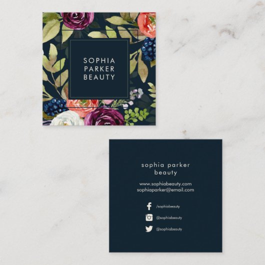 暗い水彩画の花のBohoパターン|会合媒体 スクエア名刺 (正面/裏面)