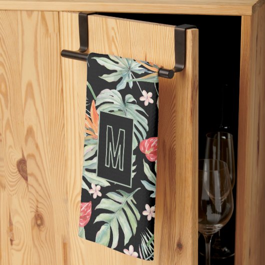 暗い熱帯の花の葉のファンタジーとモノグラム キッチンタオル (三つ折り)