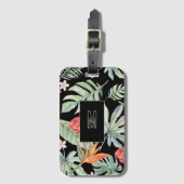 暗い熱帯の花の葉のファンタジーとモノグラム ラゲッジタグ (正面縦)