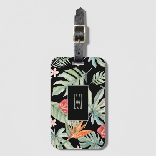 暗い熱帯の花の葉のファンタジーとモノグラム ラゲッジタグ (正面縦)