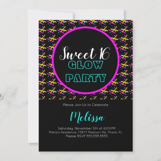 暗い熱狂するパーティーの甘い16ビームのネオン 招待状 (正面)