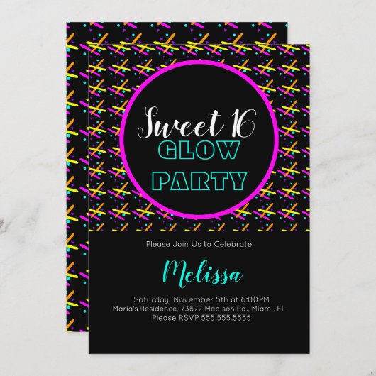 暗い熱狂するパーティーの甘い16ビームのネオン 招待状 (正面/裏面)