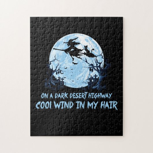 暗い砂漠の幹線道路で箒に乗る魔女 ジグソーパズル (縦)