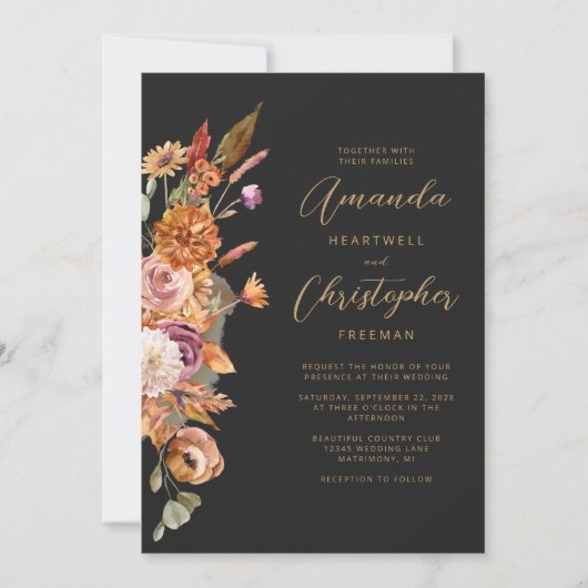 暗い秋のフローラ結婚スクリプト 招待状 (正面)