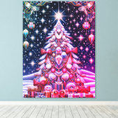 暗い空の下の赤と白と青のクリスマスツリー キャンバスプリント (インサイチュ (ウッドフロア))