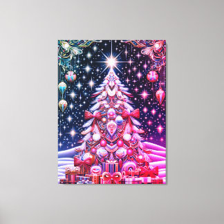 暗い空の下の赤と白と青のクリスマスツリー キャンバスプリント