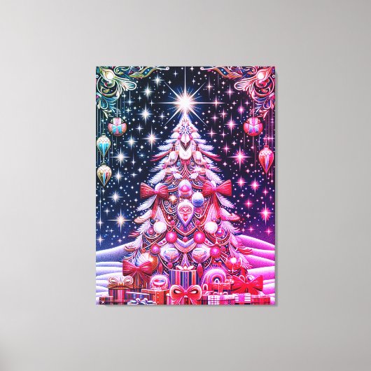 暗い空の下の赤と白と青のクリスマスツリー キャンバスプリント (正面)
