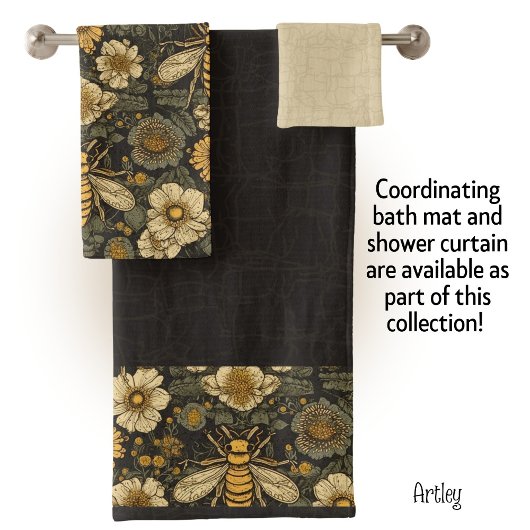 暗い素朴ヴィンテージミツバチと花フローラ バスタオルセット