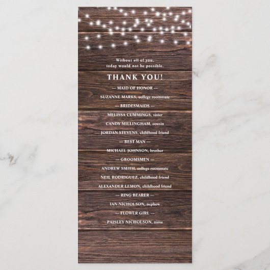 暗い素朴木材とストリングライトの結婚式 プログラム (裏面)