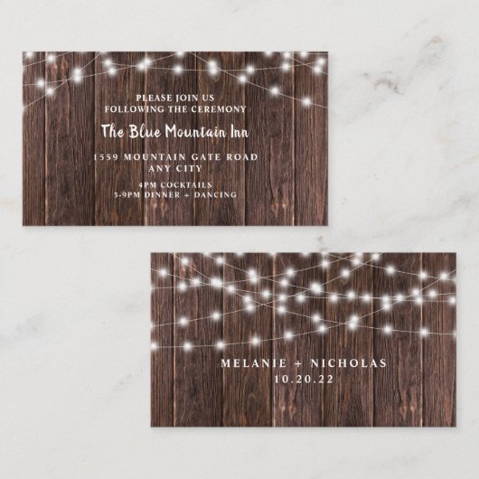 暗い素朴木材とライトの結婚式のレセプション エンクロージャーカード (正面/裏面)