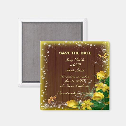 暗い素朴木材の黄色のフローラ日付を保存 マグネット (正面/裏面)