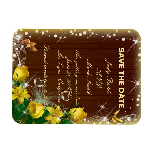 暗い素朴木材の黄色のフローラ日付を保存 マグネット (横)