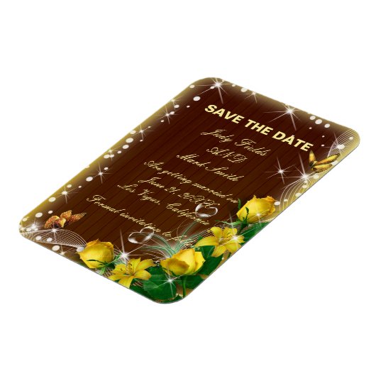 暗い素朴木材の黄色のフローラ日付を保存 マグネット (左側)