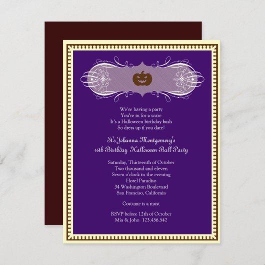 暗い紫色のハロウィンの球の衣裳のパーティーの招待 招待状 (正面/裏面)
