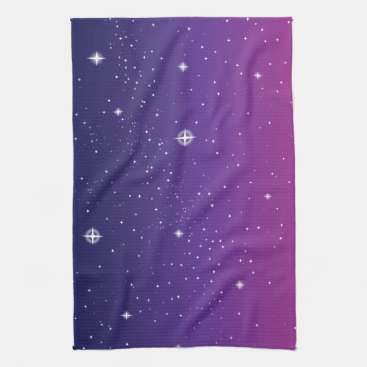 暗い紫色の星明かりの夜空 キッチンタオル (縦)