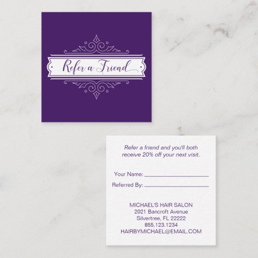 暗い紫色の華美で白いフレームの紹介カード 紹介カード (正面/裏面)