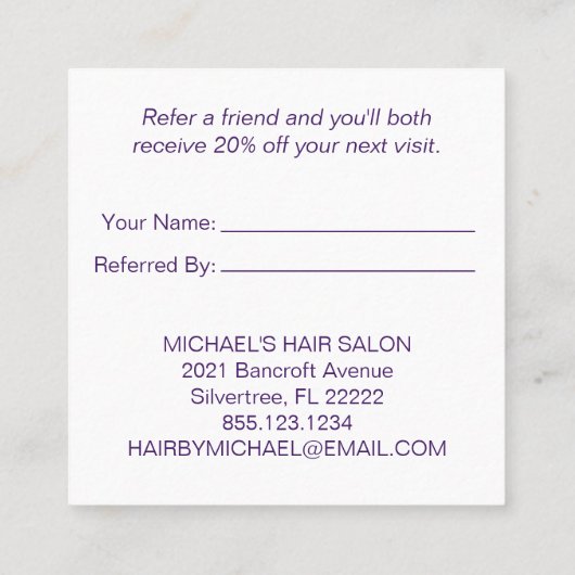 暗い紫色の華美で白いフレームの紹介カード 紹介カード (裏面)