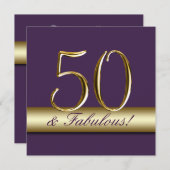 暗い紫色の金ゴールド50およびすばらしい誕生日 招待状 (正面/裏面)