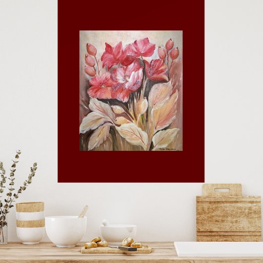 暗い絵画ピンクのケシのポスターのフローラ ポスター (キッチン)