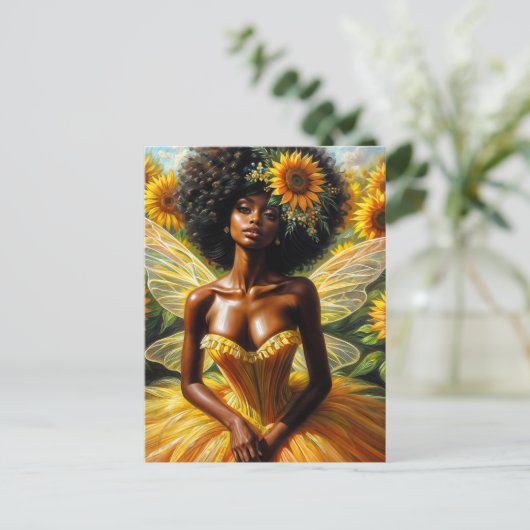 暗い肌とひまわりの花を持つアフロフェアフェアリーの少女 ポストカード (スタンド正面)