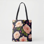 暗い背景にピンクのバラが付いたシームレスなパターン トートバッグ (正面)