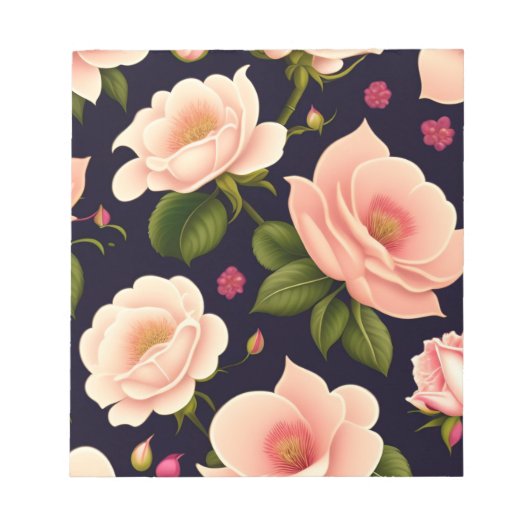 暗い背景にピンクのバラが付いたシームレスなパターン ノートパッド (正面)