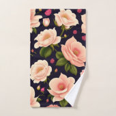 暗い背景にピンクのバラが付いたシームレスなパターン バスタオルセット (ハンドタオル)