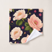 暗い背景にピンクのバラが付いたシームレスなパターン バスタオルセット (ウォッシュタオル)