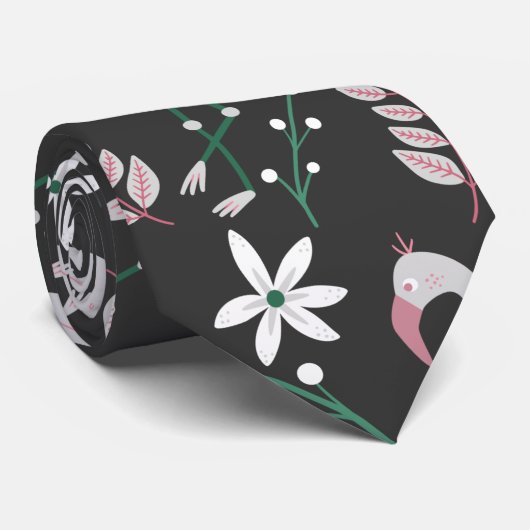 暗い背景にフラミンゴのシームレスなパターン白 ネクタイ (ロール)