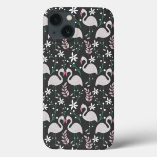暗い背景にフラミンゴのシームレスなパターン白 iPhone 13ケース