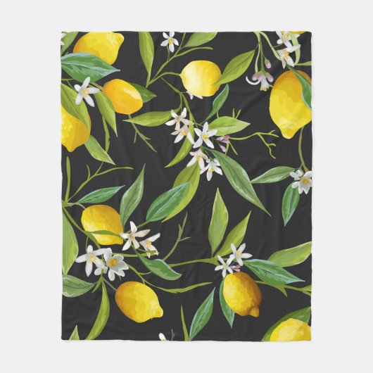 暗い背景にヴィンテージのレモンの果実と花 フリースブランケット (正面)