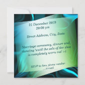 暗い背景に淡いシアンと暗いカーブ。 招待状 (裏面)