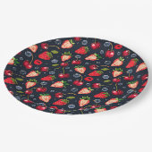 暗い背景のさくらんぼとイチゴ ペーパープレート (アングル)