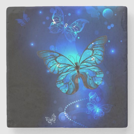 暗い背景のモルフォ・バタフライ ストーンコースター (正面)