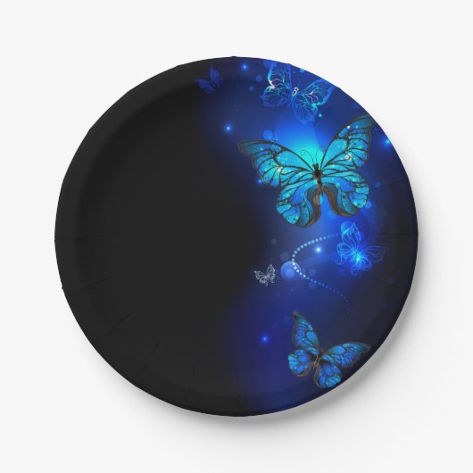 暗い背景のモルフォ・バタフライ ペーパープレート (正面)
