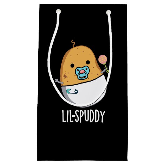 暗い背景のユーモラスなじゃがいも駄洒落 Lil-spuddy スモールペーパーバッグ (正面)