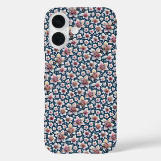 暗い背景の上にピンクと白の花 iPhone 16ケース
