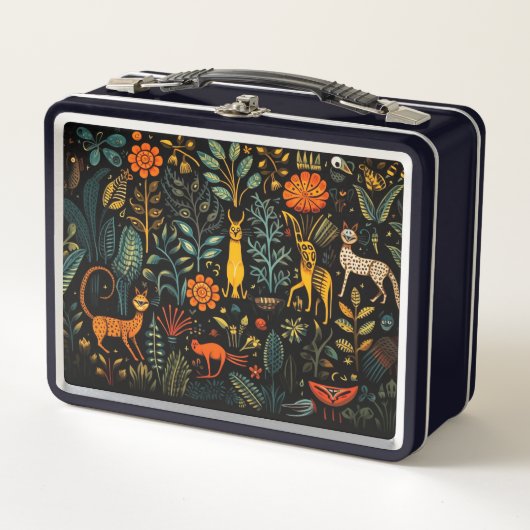 暗い背景の幻想的な動植物 メタルランチボックス (正面)