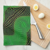 暗い背景の澄ん緑の曲線と点 キッチンタオル (四つ折り)