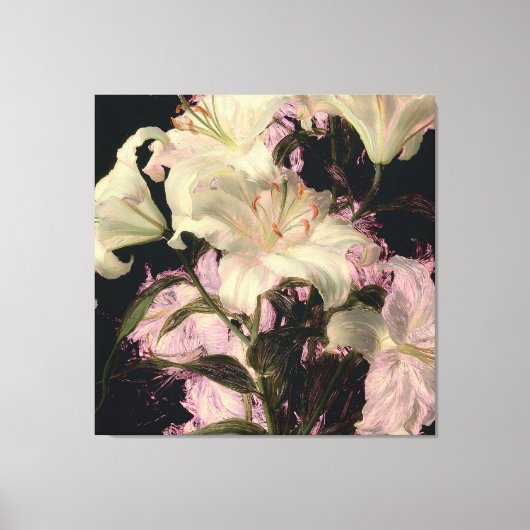 暗い背景の白いユリの花のアート キャンバスプリント (正面)
