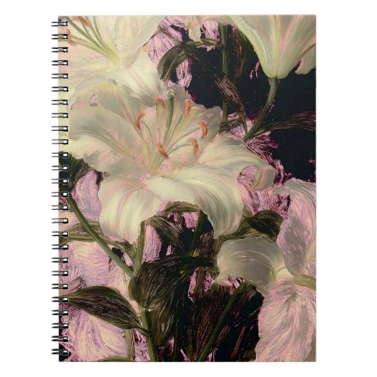 暗い背景の白いユリの花のアート ノートブック (正面)