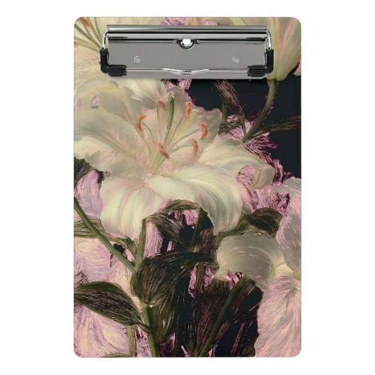 暗い背景の白いユリの花のアート ミニクリップボード (正面)