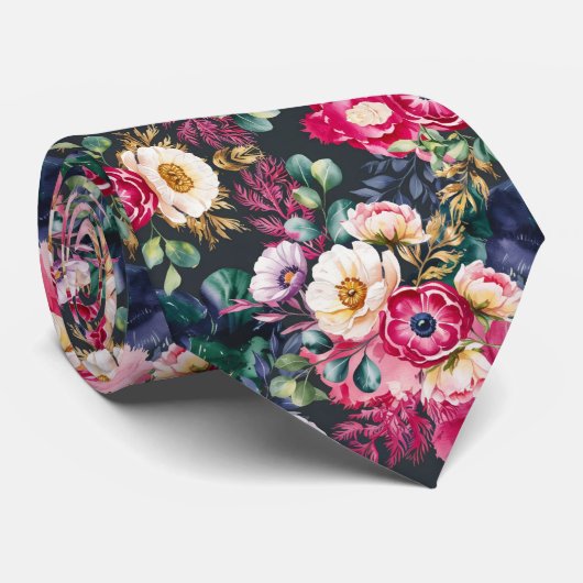 暗い背景の花の模様 ネクタイ (ロール)