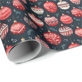 暗い背景の赤とアイボリーのクリスマスオーナメント ラッピングペーパー (ロールコーナー)