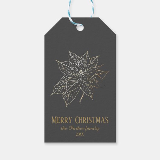 暗い背景エレガント上の金ゴールドアウトラインポインセチア ギフトタグ (正面)