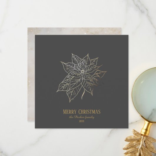 暗い背景エレガント上の金ゴールドアウトラインポインセチア サンキューカード (正面/裏面インサイチュ)