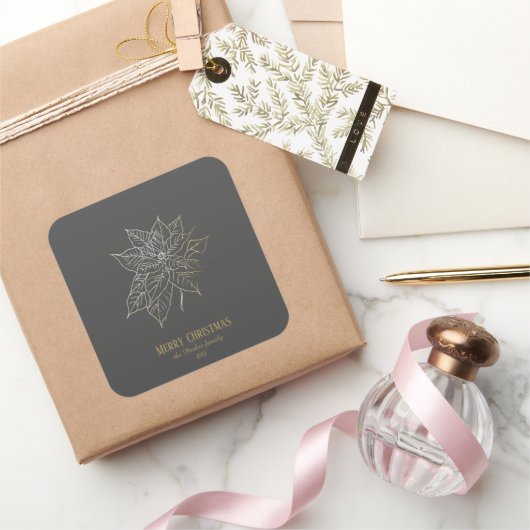 暗い背景エレガント上の金ゴールドアウトラインポインセチア スクエアシール (ギフト)